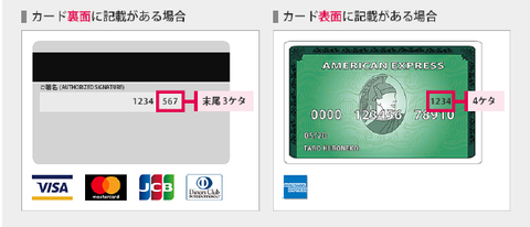 カード裏面に記載がある場合：末尾3ケタ、カード表面に記載がある場合：4ケタ