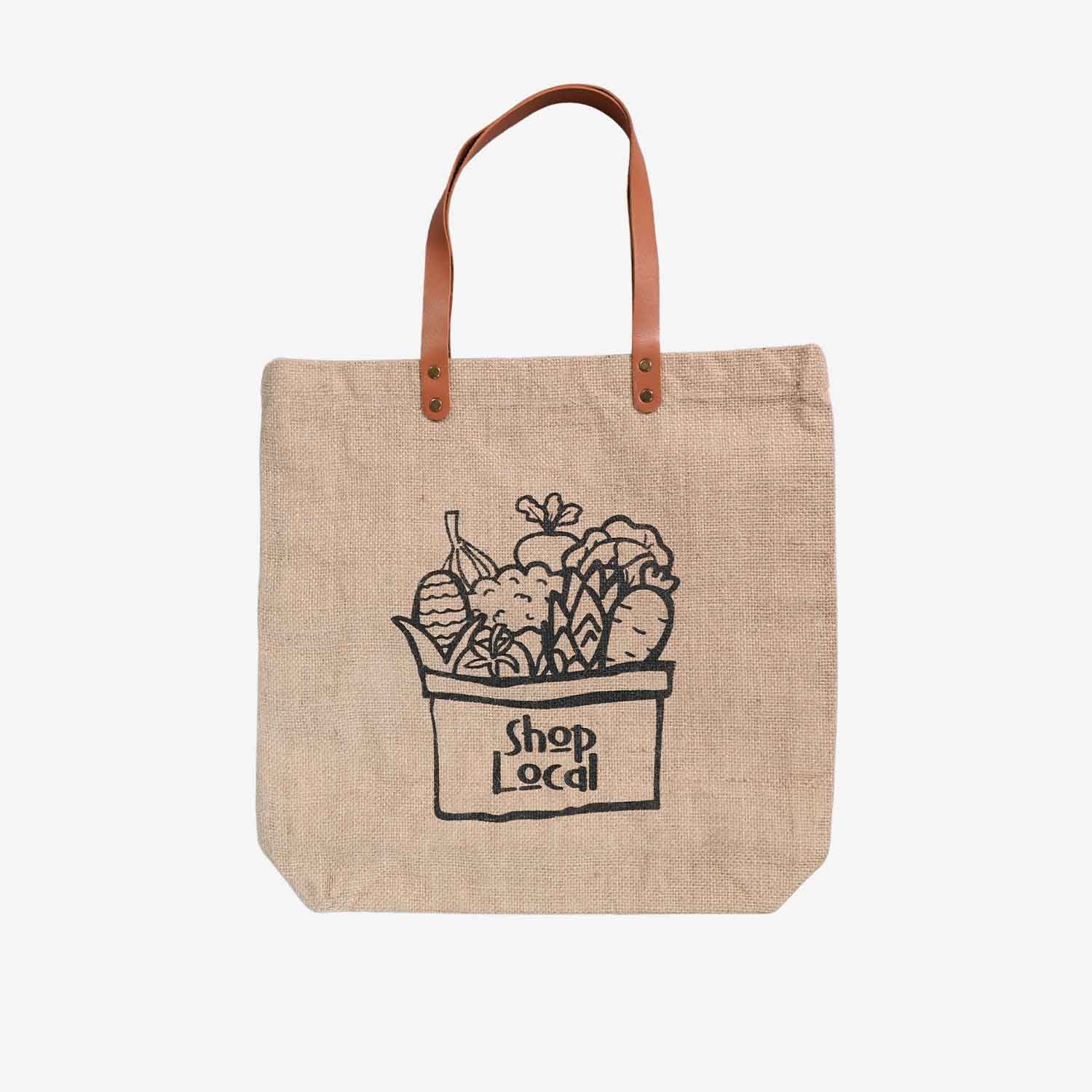 Kultura Local Produce Box Jute with Leather Strap Tote Bag