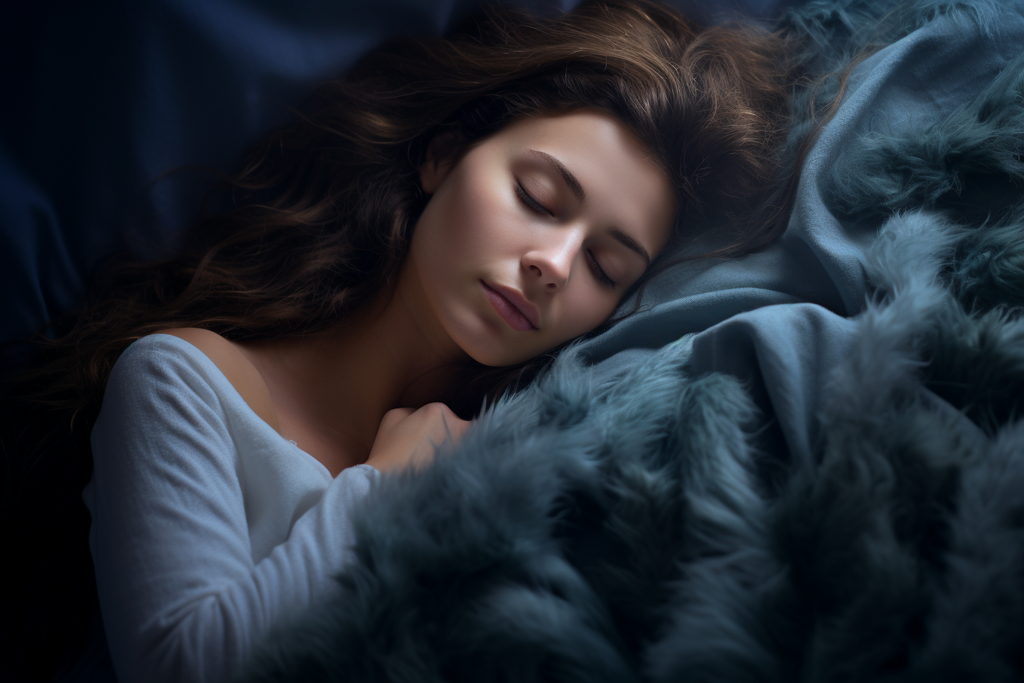 Woman sleeping in light blue pajamas and plush teal bedding