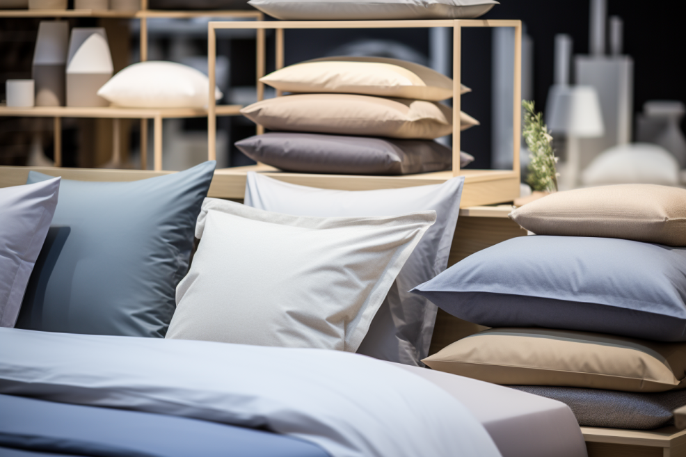 Photo of a bedding and pillow store with assortment of pillows on display