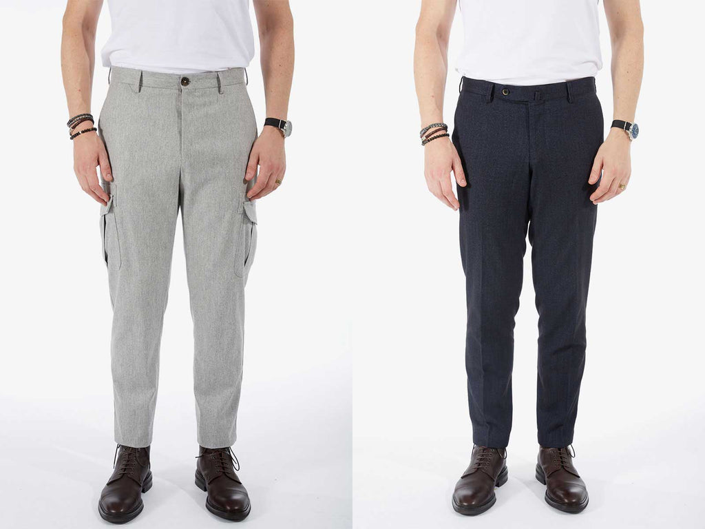 Side by side images of models wearing a pair of grey pants and a pair of dark blue pants