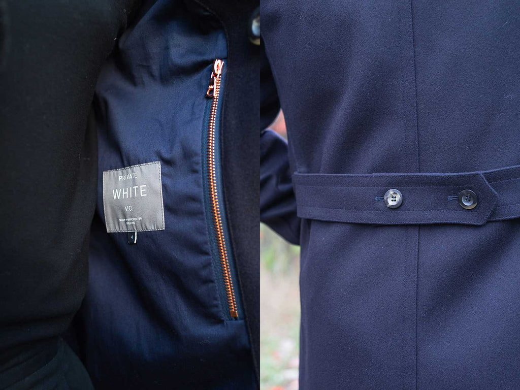 Side by side images of detail shots from Private White V.C.’s Shearling Collar Peacoat
