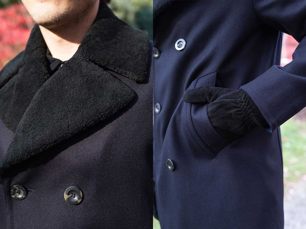 Side by side images of details for Private White V.C.’s Shearling Collar Peacoat