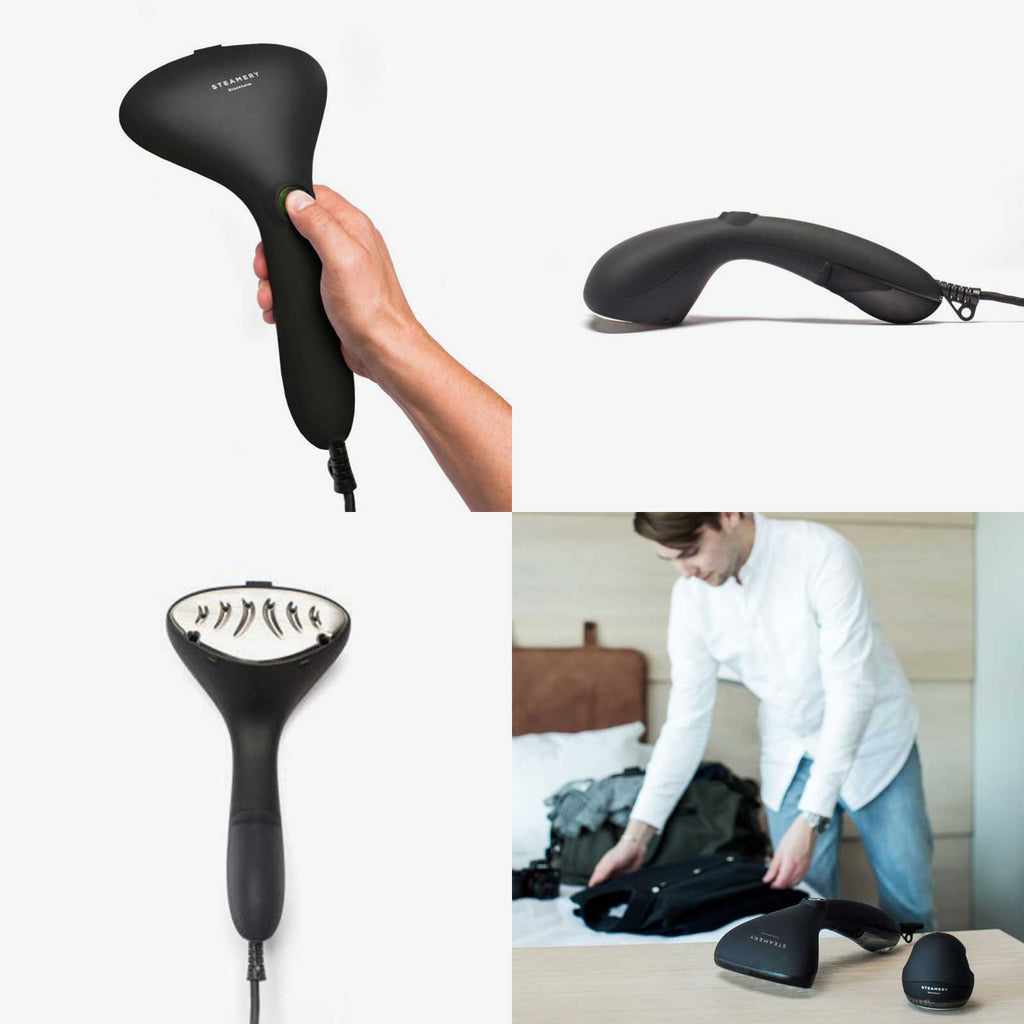Collage of four pictures of the handheld portable steamer