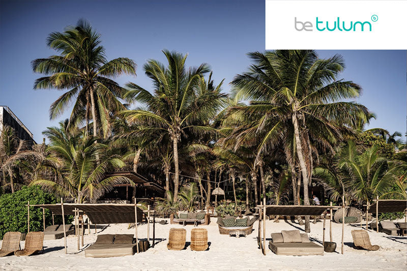 Image of beach with the BeTulum logo on the upper right-hand corner