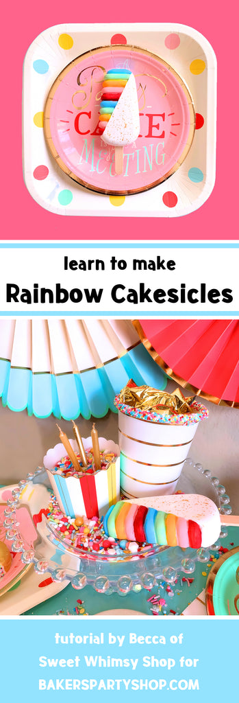 Rainbow Cakesicles Tutorial + Hip Hip Hooray Party Table | www.bakerspartyshop.com