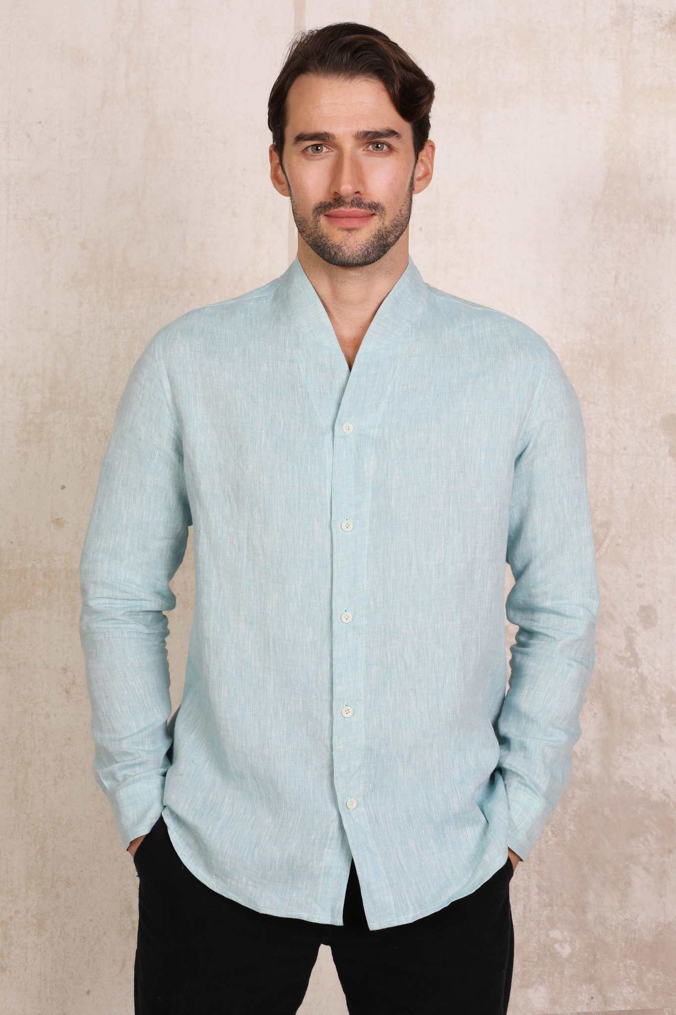 Model Wearing Blue Linen Shirt By M'Essentiel London.