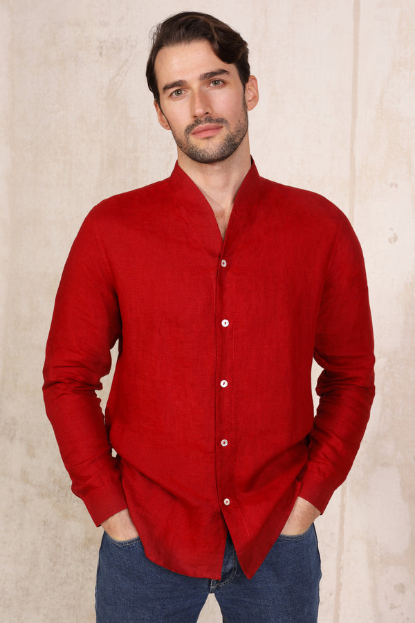 A Man Wearing Dark Red Linen Shirt With Coral Collar
