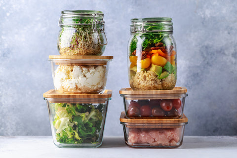 Glass jars with stored foods.