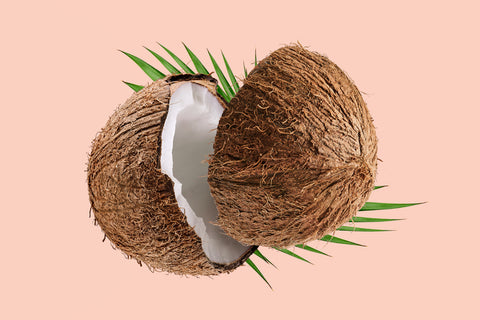 Photo of a fresh coconut split in half.