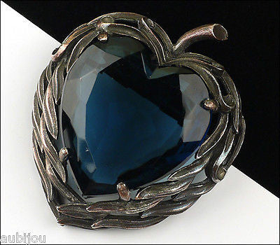 Vintage Capri Openback Montana Blue Glass Rhinestone Heart Leaf Brooch Pin Pendant