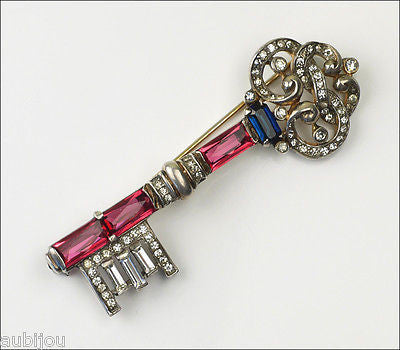 Vintage Trifari Sterling Silver Fuchsia Faceted Glass Rhinestone Key B ...