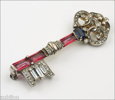 Vintage Trifari Sterling Silver Fuchsia Faceted Glass Rhinestone Key B ...