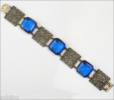 Antique Art Nouveau Cobalt Blue Openback Rhinestone Filigree Bracelet ...