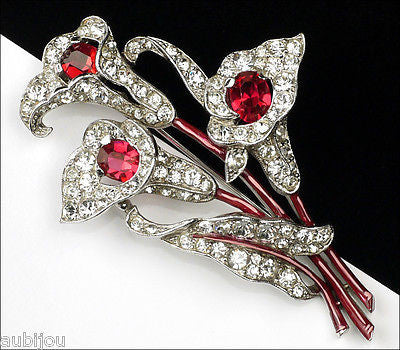 Vintage Trifari 1940's Ruby Red Pave Rhinestone Flower Calla Lily Broo ...