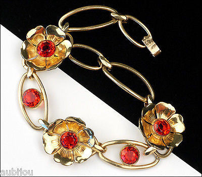 Vintage Simmons Gold Filled Gf Floral Red Rhinestone Flower Bracelet A ...