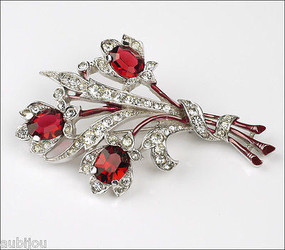 Vintage Trifari 1940's Floral Siam Red Pave Rhinestone Flower Brooch P ...