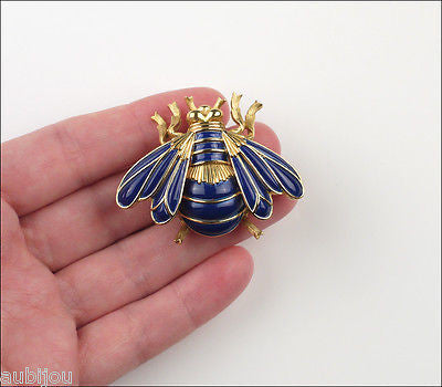 Vintage Crown Trifari Figural Blue Enamel Bee Fly Bug Insect Brooch Pi Aubijou Boutique