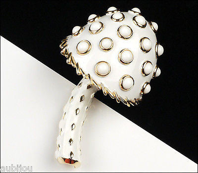 Vintage Crown Trifari 3D Figural White Enamel Mushroom Brooch Pin Toadstool 1960's