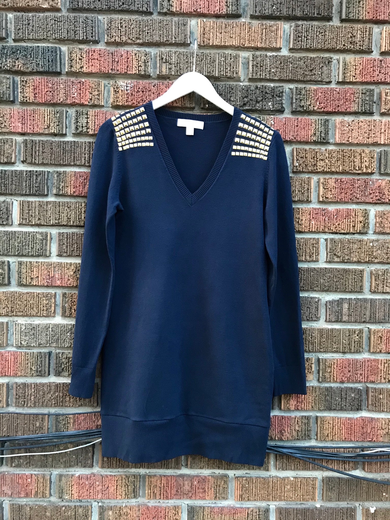 MICHAEL MICHAEL KORS Gold Stud Embellished Navy Tunic Sweater – Susannah  Designer Consignment