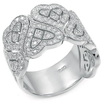 Sterling Silver Round Cut CZ Pave Set Heart Wide Band Wedding Ba