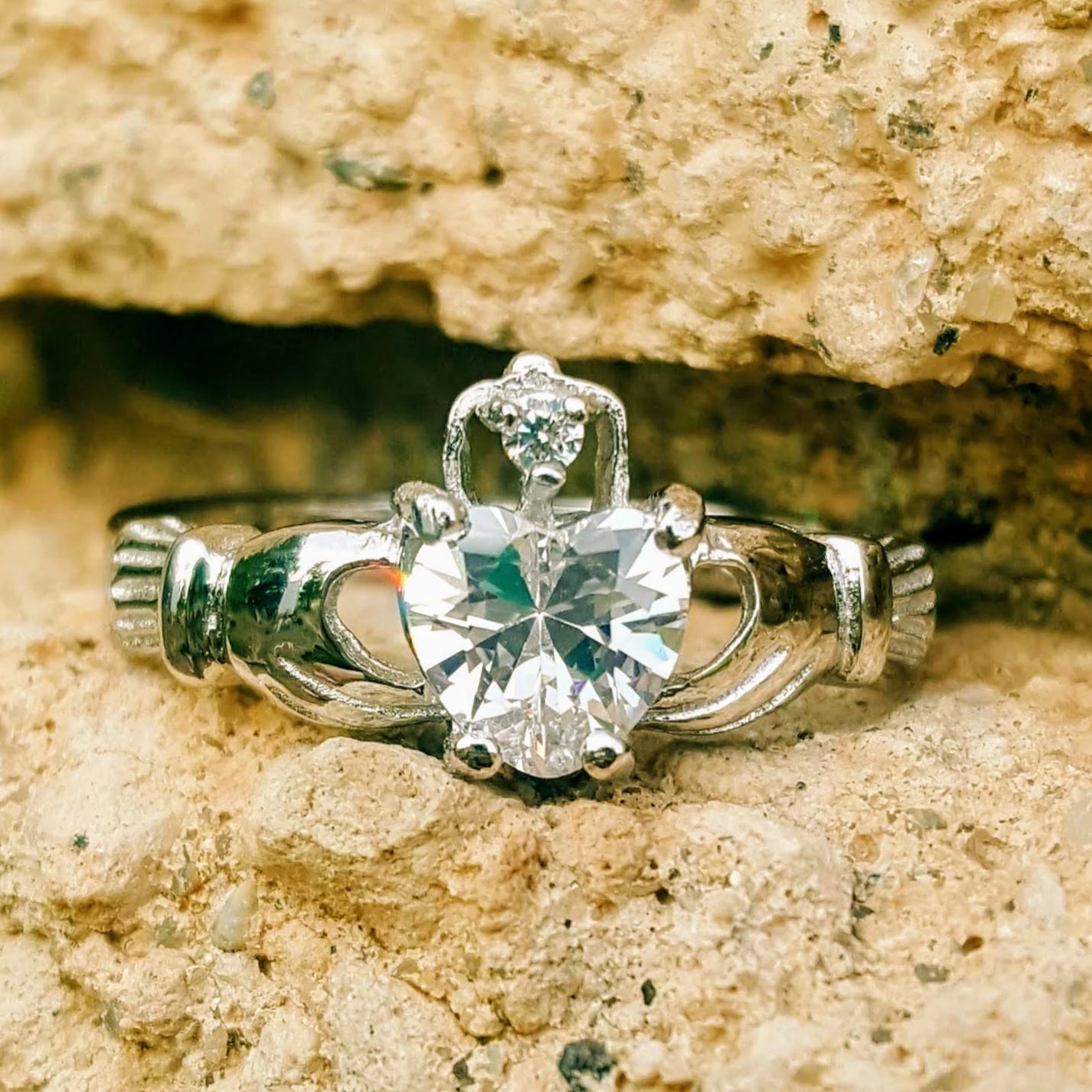 .925 Sterling Silver Claddagh Ring Clear White Ladies and Kids Size 3-13 Heart Simulated Diamond Mid