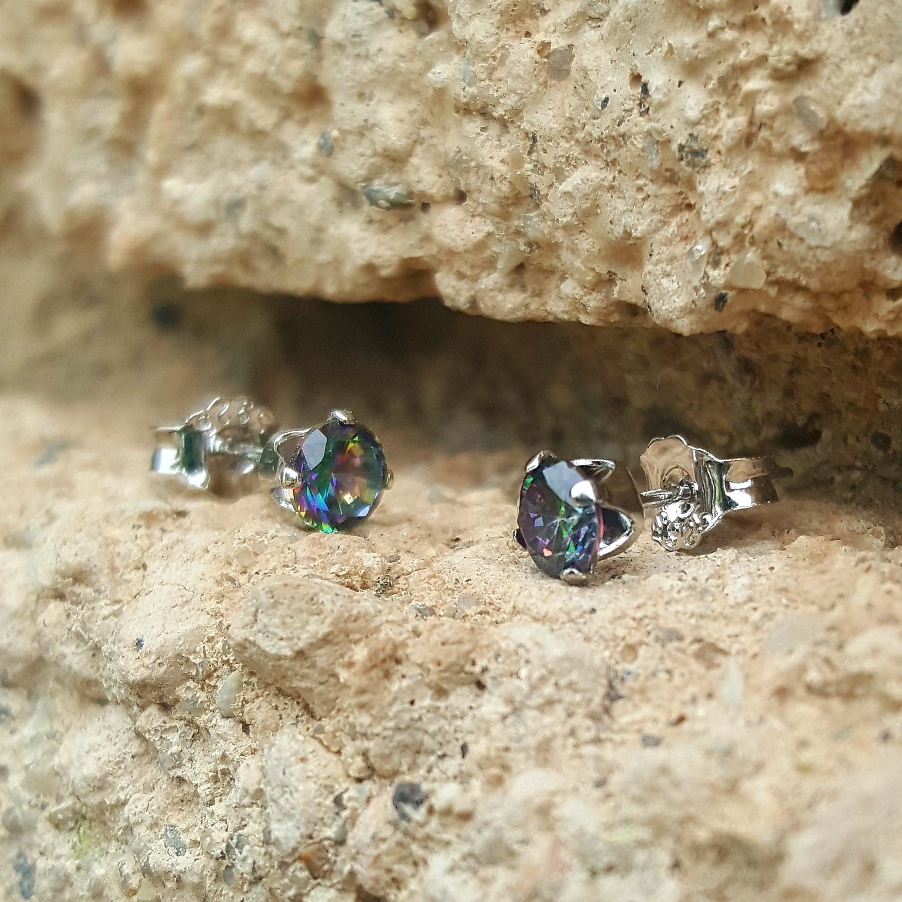 .925 Sterling Silver Brilliant Round Cut Rainbow Mystic Topaz CZ Stud Earrings in 2mm-10mm