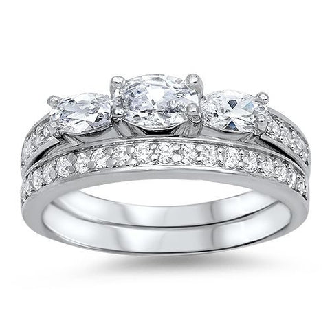Sterling Silver CZ .25 carat Pave Three-Stone Oval Cut Wedding Ring Set ...