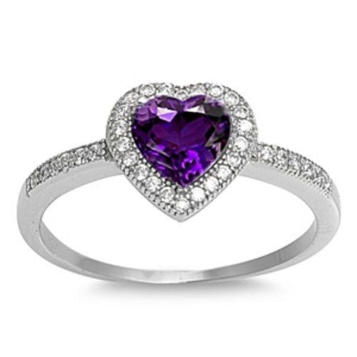 Sterling Silver Halo Amethyst CZ Heart Engagement Ring size 4-10