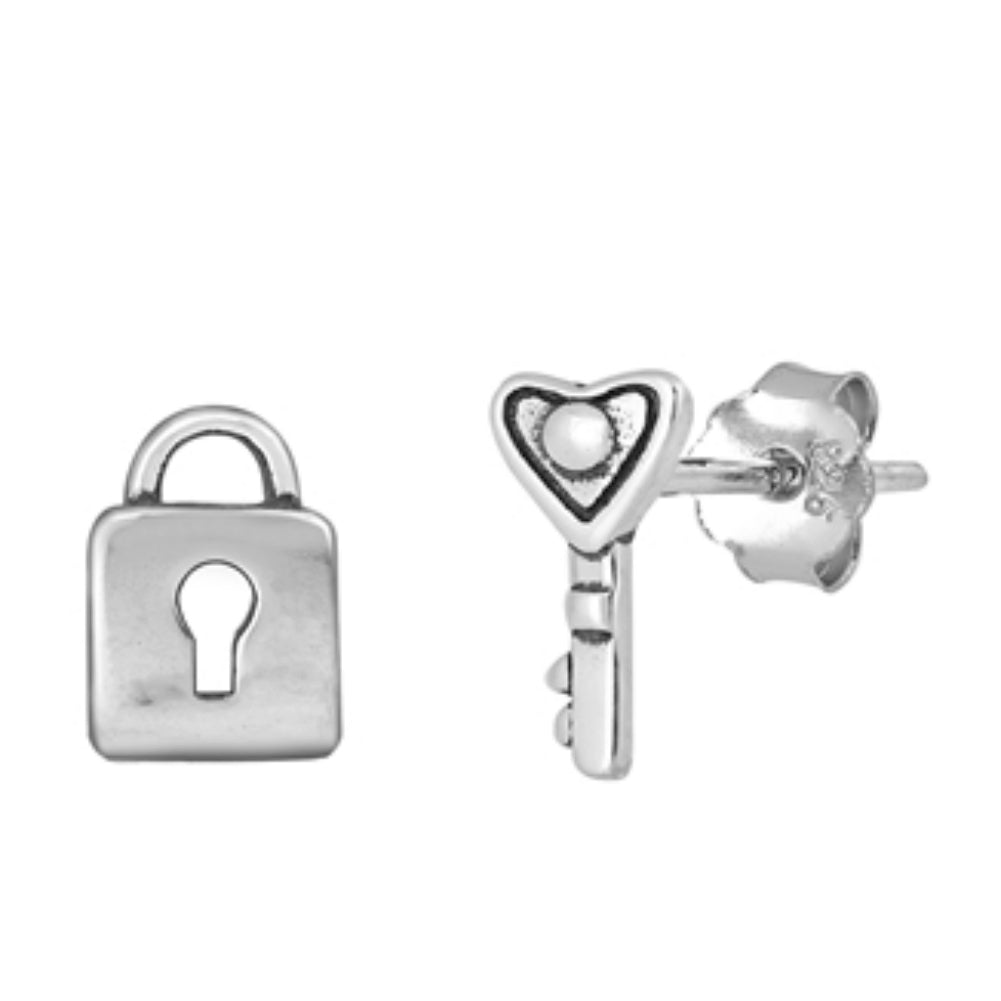 .925 Sterling Silver Mismatched Lock Heart and Key Stud Earrings Ladies and Kids Mens Unisex