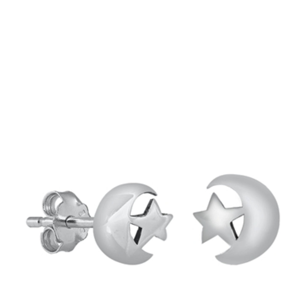 .925 Sterling Silver Star and Crescent Moon Stud Earrings for Ladies Girls Mens Unisex