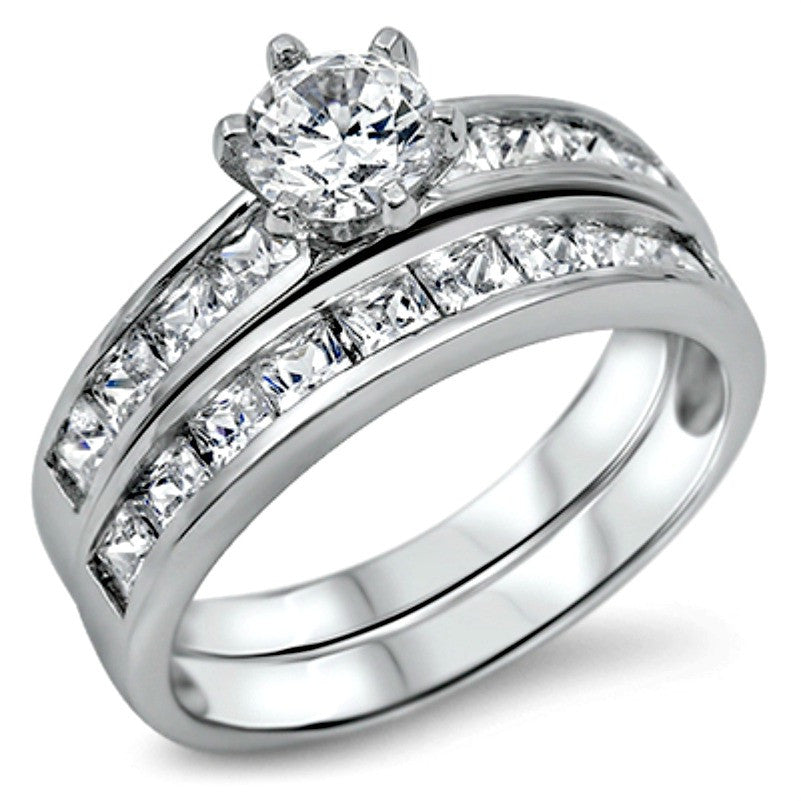 Sterling Silver Wedding 2 Ring Set with Simulated Diamond CZ Engagement ...
