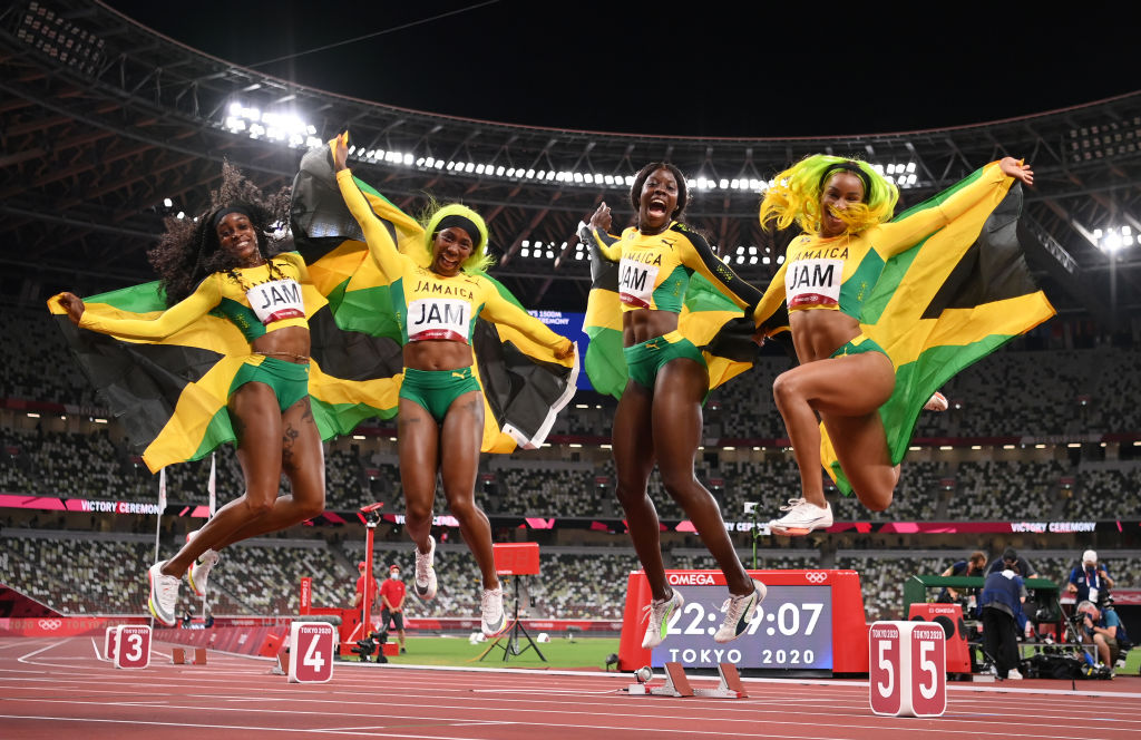 JUMPING FOR JOY: Briana Williams, Elaine Thompson-Herah, Shelly-Ann Fraser-Pryce and Shericka Jackson of Team Jamaica Photo by Matthias Hangst / Getty Images