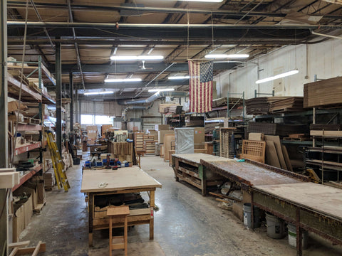 Furniture workshop with American flag hanging