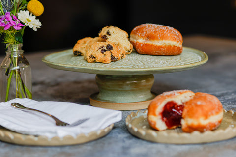 handmade ceramic cake stand and plates