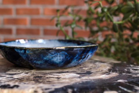 japanese handmade ceramic platter in denim blue glaze