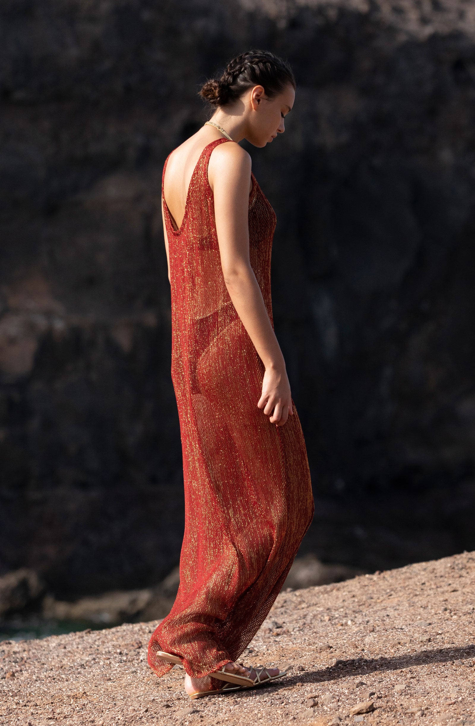 elie - Long semi-transparent copper and golden knitted dress