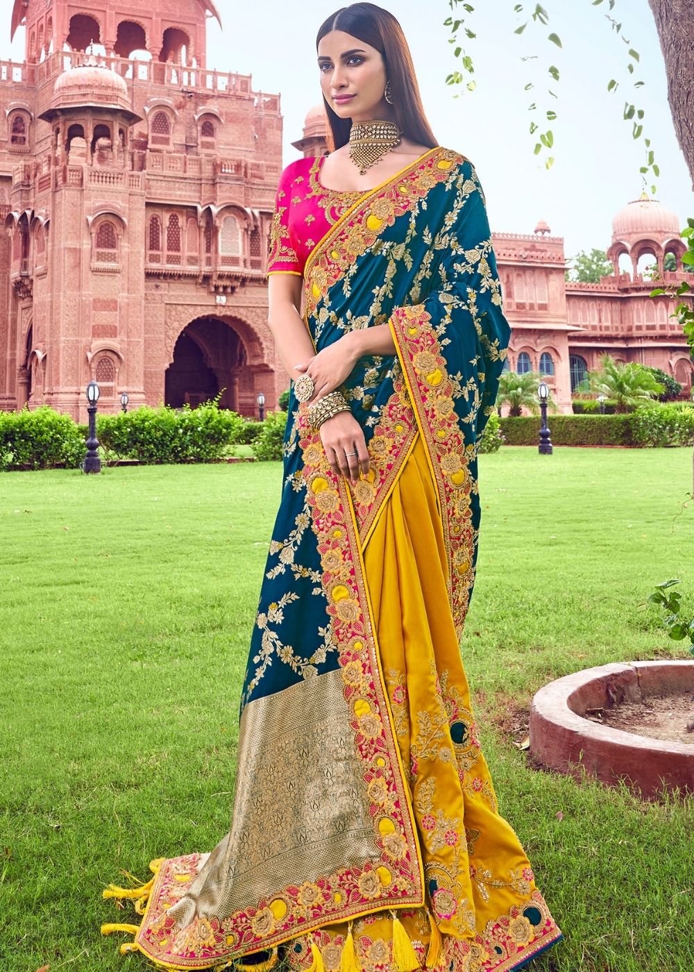 Peacock Blue And Yellow Half N Half Silk Saree With Heavy Border Ethnos