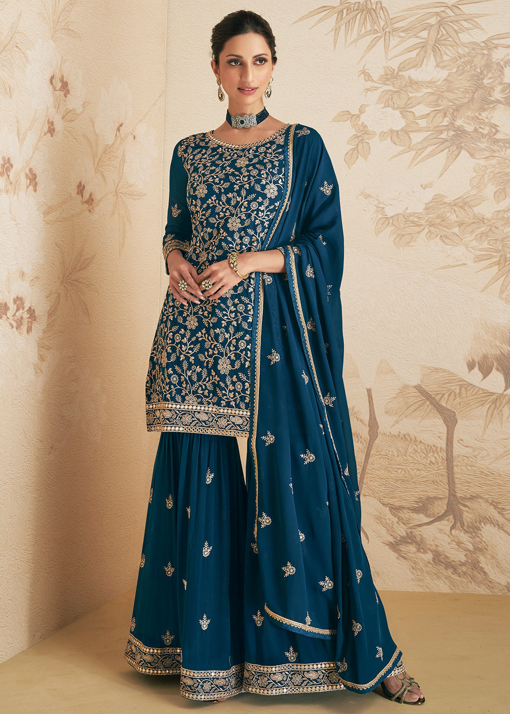 Prussian Blue Embroidered Georgette Plazzo Suit – Ethnos