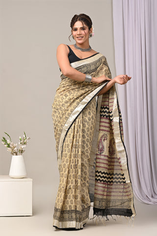 Hand Block Printed Linen Saree