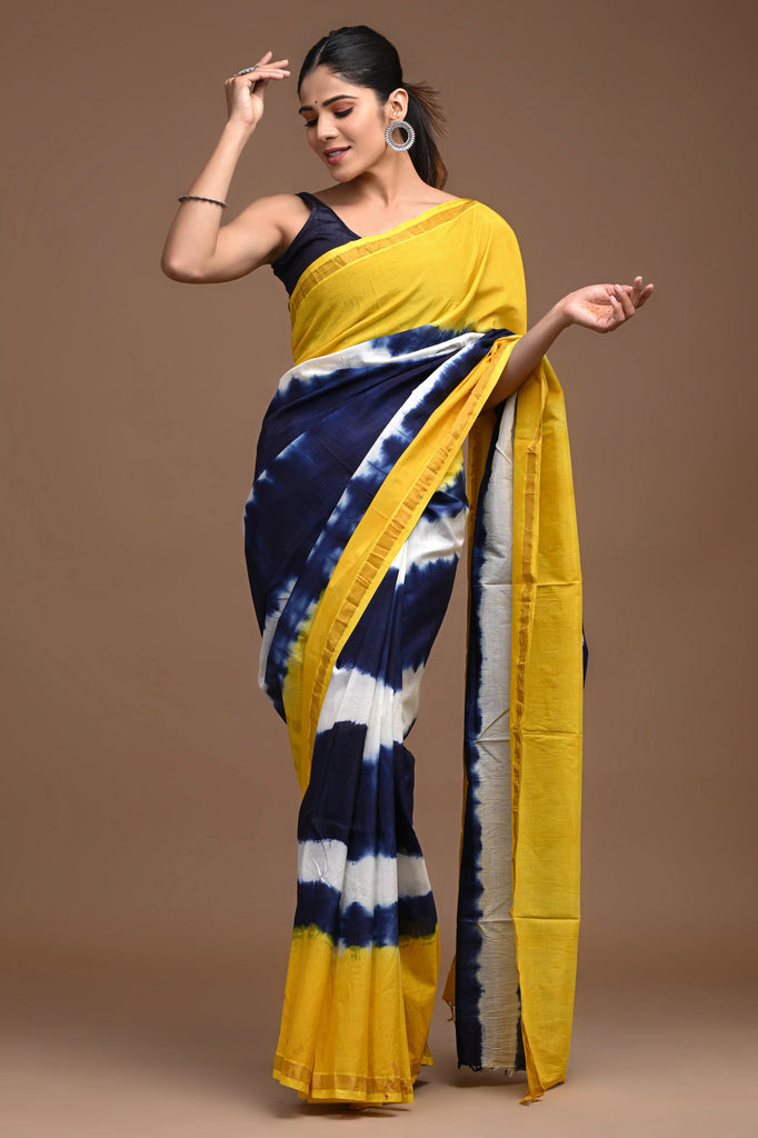 yellow and Blue tie and dye Assamese silk saree