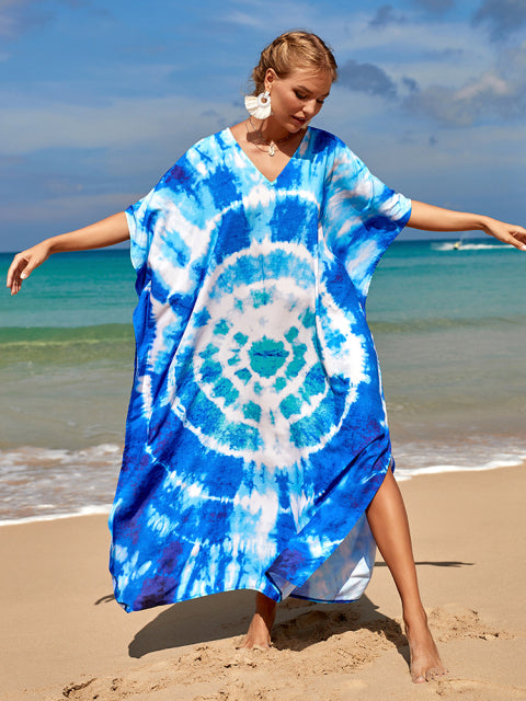 gabi boho style maxi dress print face swim suit cover-up bohemian  beach wear tunics color -08 / one size