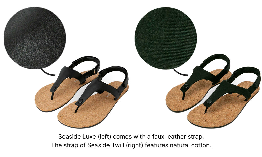 Two pairs of black barefoot sandals from brand Feelgrounds with close up on the strap material