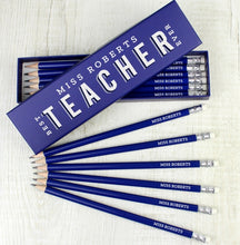 Load image into Gallery viewer, Personalised Best Teacher Ever Box and 12 Blue HB Pencils
