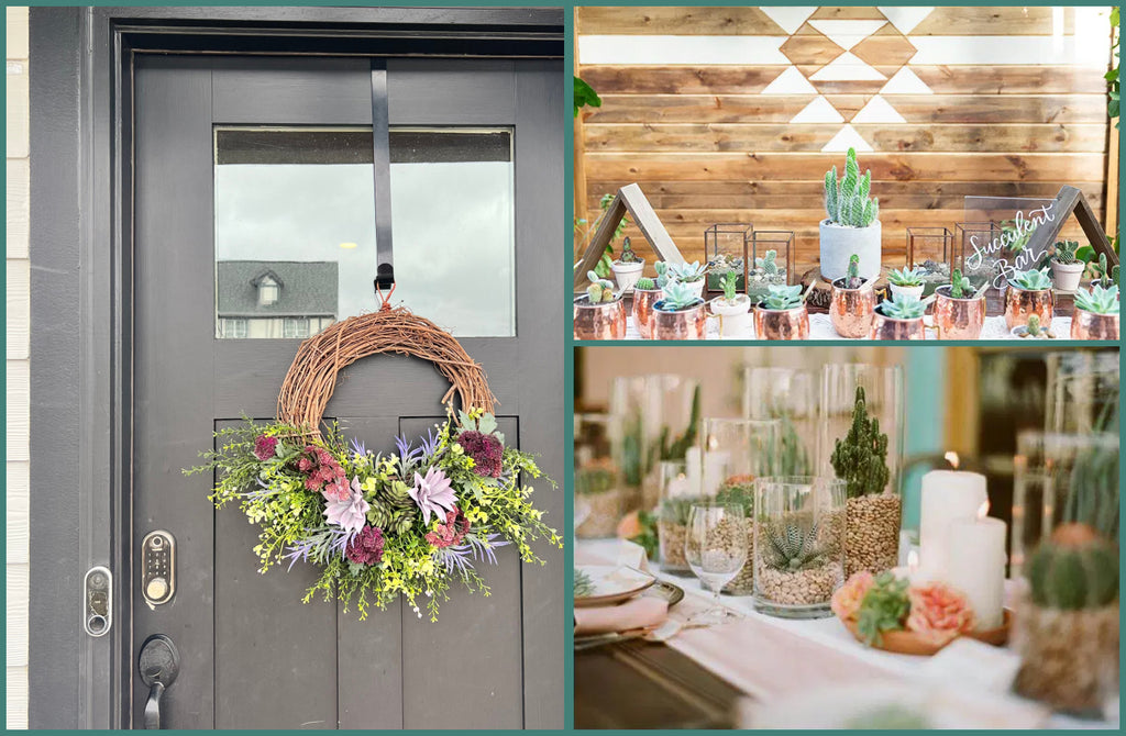 three images. a succulent ring hanging on door and 2 different succulent table setup
