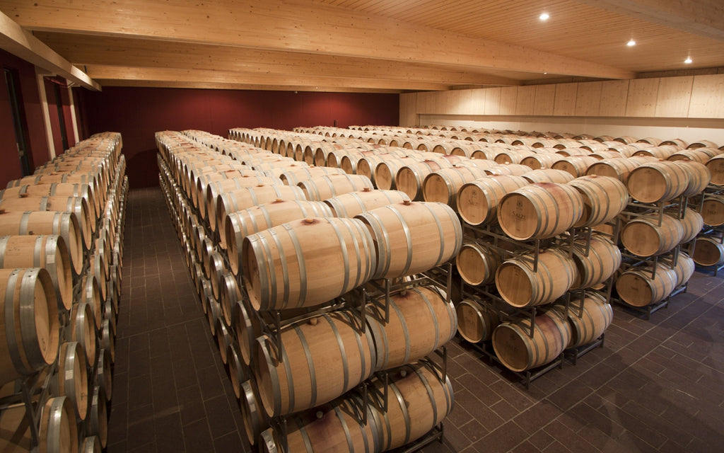 Wine barrels in the wine storage of Weingut Salzl
