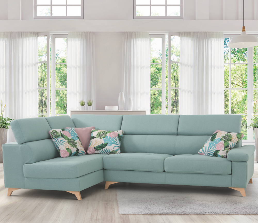 canapé d'angle vert avec assises coulissantes pieds bois - Souffle d'intérieur