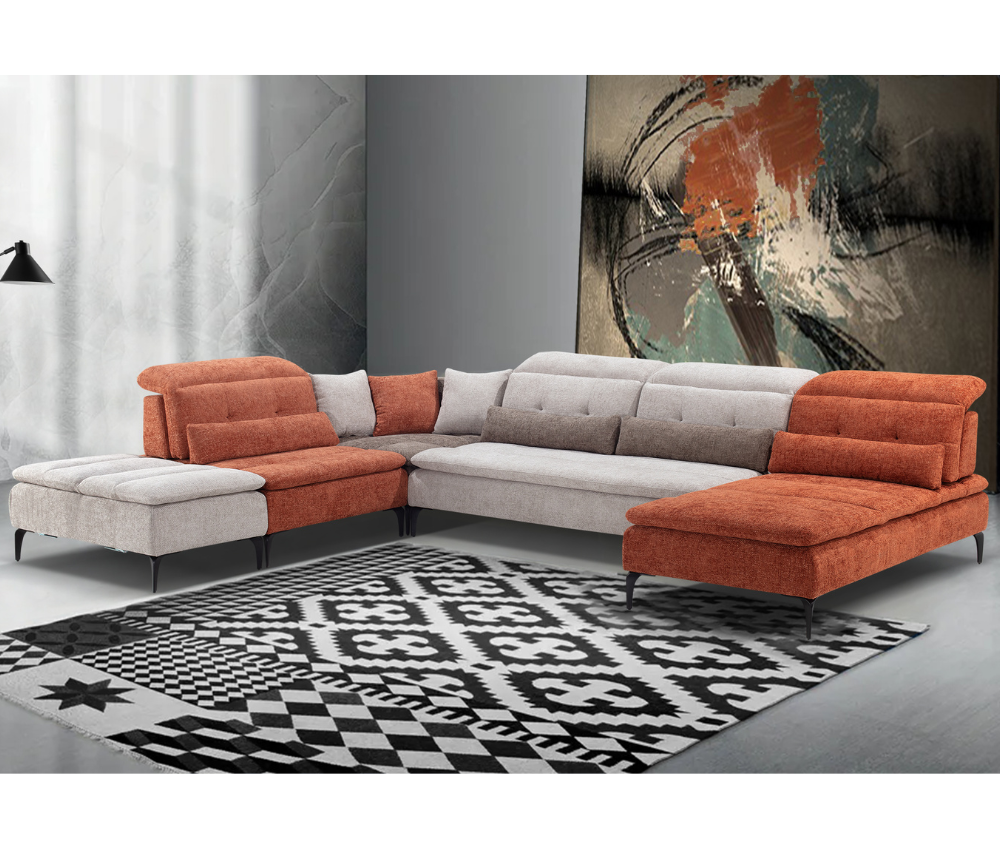 Canapé d'angle modulable beige et brique méridienne panoramique en tissu - Souffle d'intérieur - Diva divani