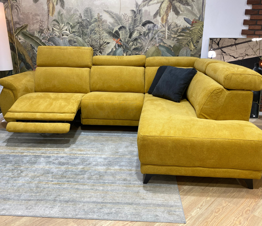 canapé d'angle relax tissu jaune moutarde design confortable  - Souffle d'intérieur