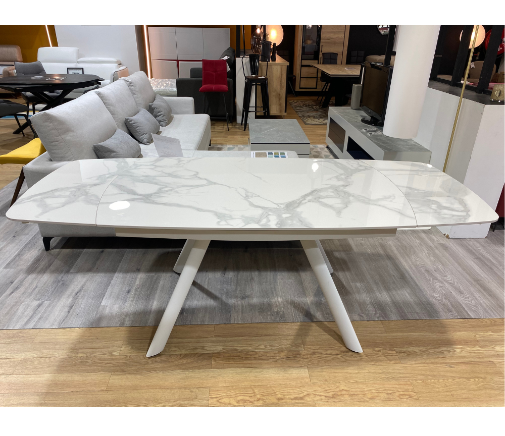 Table marbre blanc brillant céramique extensible pieds métal - Souffle d'intérieur